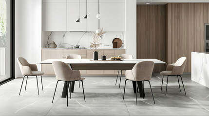 Modern minimalist style dining room with white walls, wood grain cabinets and marble table top,...