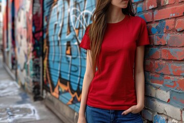 Naklejka premium Urban Oasis: Vibrant City Scene with Graffiti Wall and Distracted Young Woman