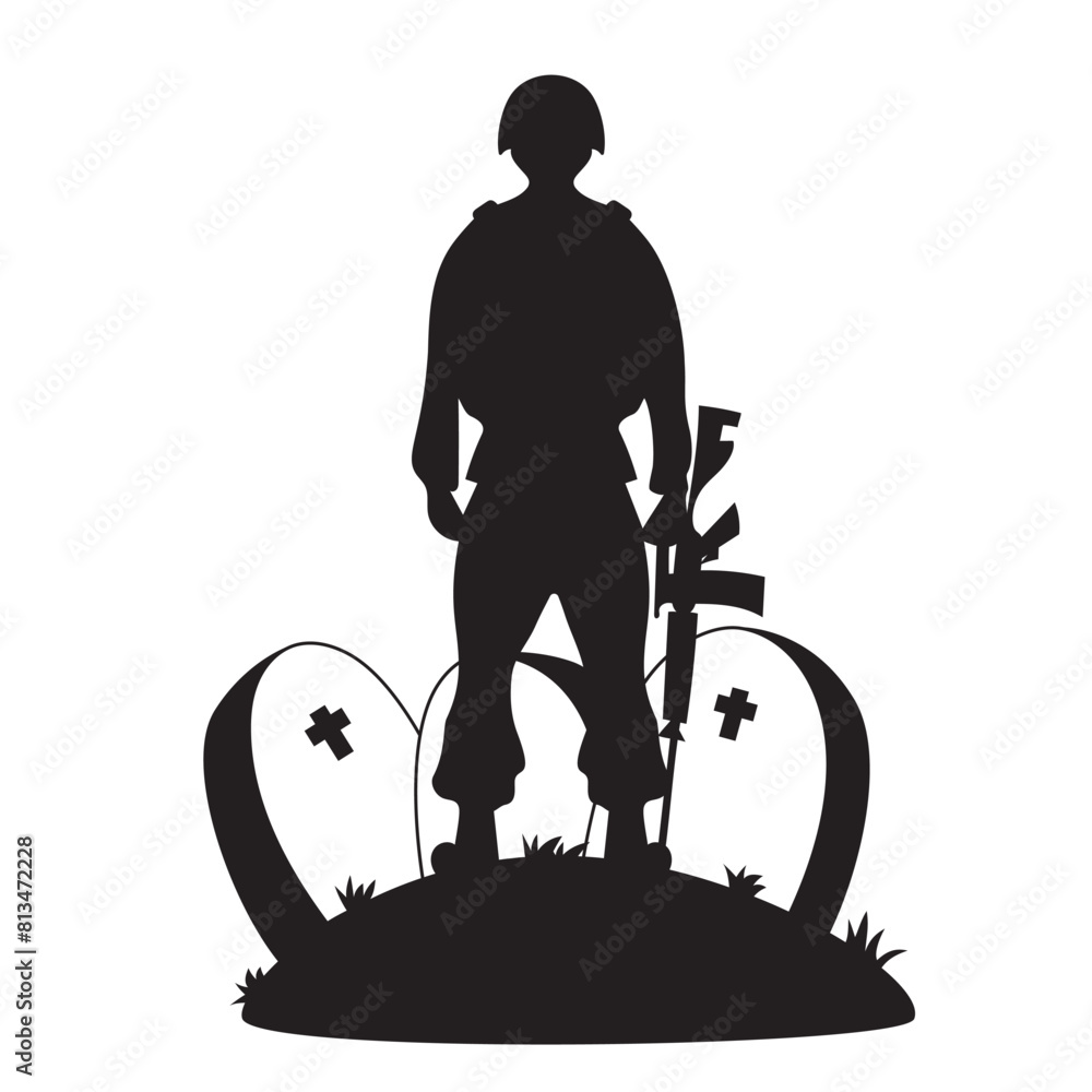 Wall mural Military soldier stands with weapon in front of graves in graveyard. Veterans Cemetery. Memorial Day. Silhouette drawing. Vector illustration