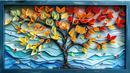 Vibrant Paper Tree Sculpture in Blue Window Frame