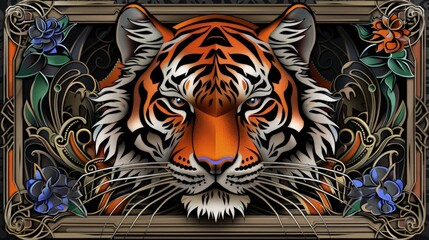 Vibrant Tiger Portrait with Floral Accents