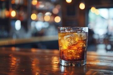 Refreshing Beer Scene with Wooden Table and Blur Restaurant Background