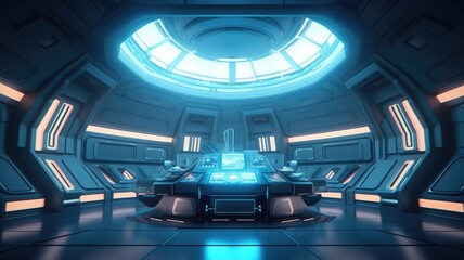 Futuristic spaceship interior with blue. Sci-fi control room concept art. A futuristic room with a glowing orb in the center. Research lab or space station decorated with blue neon color. AIG35.