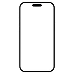 Front view of black smartphone similar to Iphone 15 without background. Template for mockup