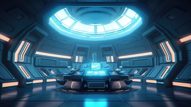 Futuristic spaceship interior with blue. Sci-fi control room concept art. A futuristic room with a glowing orb in the center. Research lab or space station decorated with blue neon color. AIG35.