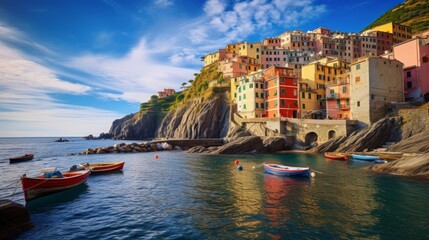 Obraz premium Peaceful fishing village riomaggiore cliffside colorful buildings cinque terre coast. Italian mediterranean europe