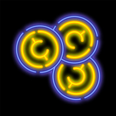 Neon glowing dold american coin 1 cent. Cash, bank loan, casino chip. Night advertising sign element. Glowing neon icon isolated on black background