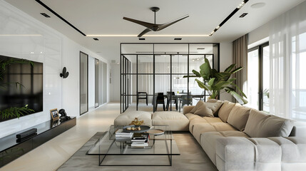 Modern style interior design, living room with white walls and ceiling, black metal screen, beige sofa, glass coffee table