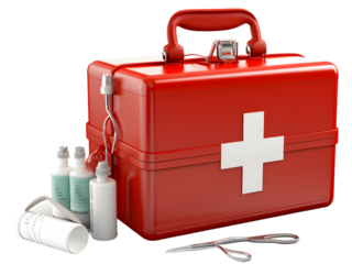 first aid kit box red color box having some medicines and bottle along with it PNG