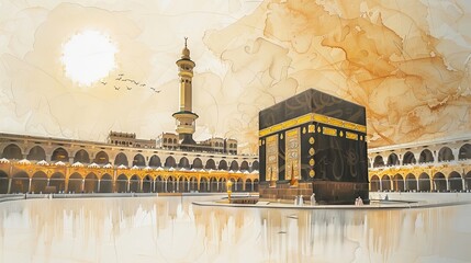 Holy Kaaba in Mecca, Saudi Arabia. A style in colored pencil sketch