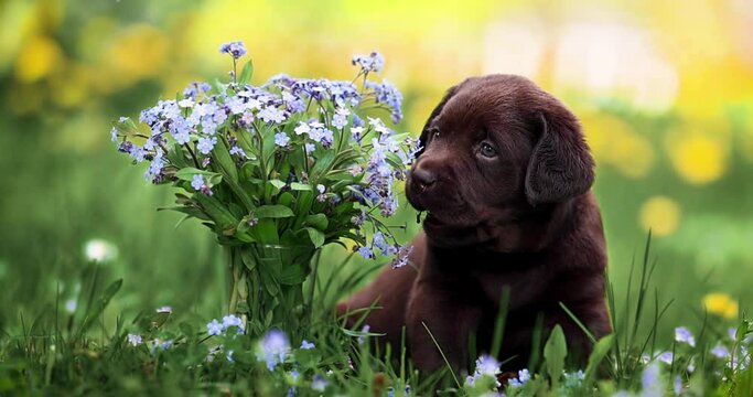 chocolate labrador puppy biting forget me nots while sitting on grass outdoors