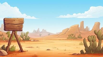 American west desert landscape with wooden board. Country scene with sand, mountains, cactus.