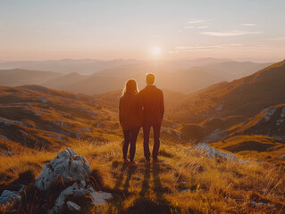 Obraz premium Couple standing hand-in-hand at sunrise, overlooking vast mountainous landscape, radiating warmth and togetherness 