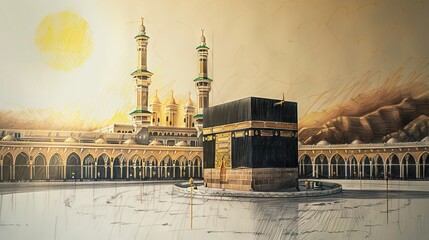 Holy Kaaba in Mecca, Saudi Arabia. A style in colored pencil sketch