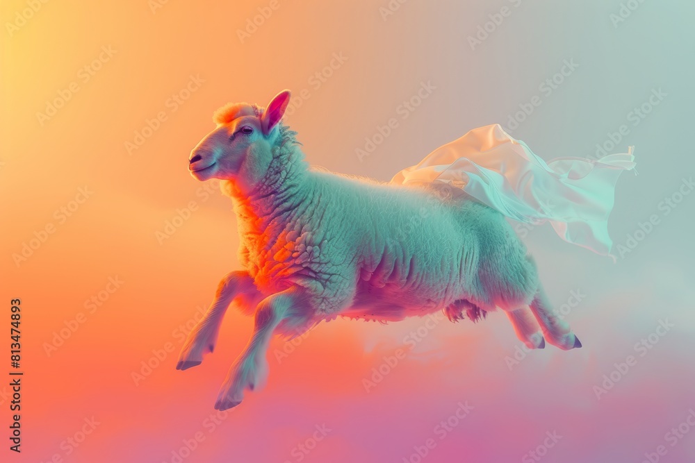 Poster superhero sheep flying on gradient pastel backdrop with ample space for text placement