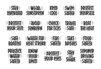 Summer Safety Quotes Big Set. Black and White Vector Hand Lettering Heat Awareness. Handwritten Short Summer Phrases Collection.