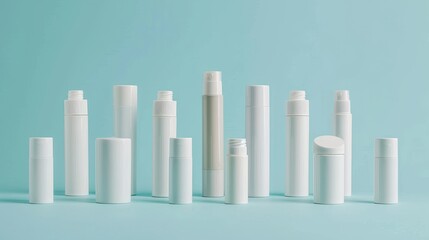Alternative deodorant bottles arranged under studio lighting for advertising clarity, isolated against a clean background, focused shot