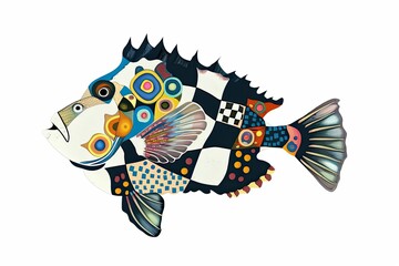 Cute Clown triggerfish with colorful patchwork geometric pattern and abstract elements on white background for clothing design, textiles, posters, paintings, souvenirs, packaging, baby products