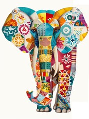 Cute elephant with colorful patchwork geometric pattern and abstract elements on white background for clothing design, textiles, posters, paintings, souvenirs, packaging, baby products, website