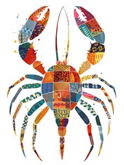 Cute Horseshoe crab with colorful patchwork geometric pattern and abstract elements on white background for clothing design, textiles, posters, paintings, souvenirs, packaging, baby products, website