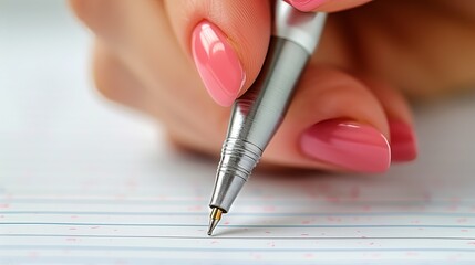 A woman with pink painted nails is writing with a pen on a piece of paper