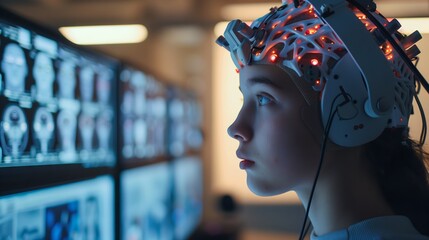 Obraz premium Woman in a helmet with lights gazes at computer screen