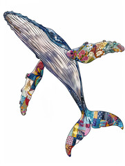 Cute Humpback whale with colorful patchwork geometric pattern and abstract elements on white background for clothing design, textiles, posters, paintings, souvenirs, packaging, baby products, website