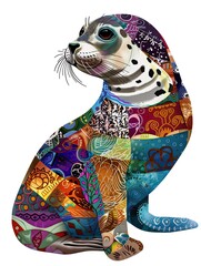 Cute Leopard seal with colorful patchwork geometric pattern and abstract elements on white background for clothing design, textiles, posters, paintings, souvenirs, packaging, baby products, website