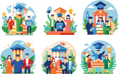 Set of flat education, university graduation icon, vector illustration.