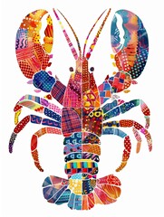 Cute Lobster with colorful patchwork geometric pattern and abstract elements on white background for clothing design, textiles, posters, paintings, souvenirs, packaging, baby products, website