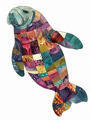 Cute Manatee with colorful patchwork geometric pattern and abstract elements on white background for clothing design, textiles, posters, paintings, souvenirs, packaging, baby products, website