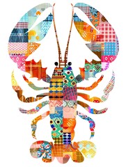 Cute Lobster with colorful patchwork geometric pattern and abstract elements on white background for clothing design, textiles, posters, paintings, souvenirs, packaging, baby products, website