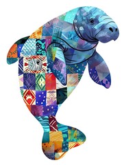 Cute Manatee with colorful patchwork geometric pattern and abstract elements on white background for clothing design, textiles, posters, paintings, souvenirs, packaging, baby products, website