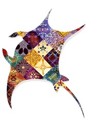 Cute Manta ray with colorful patchwork geometric pattern and abstract elements on white background for clothing design, textiles, posters, paintings, souvenirs, packaging, baby products, website