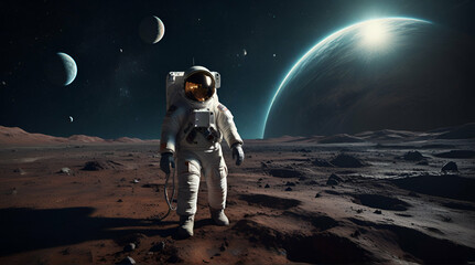 An astronaut exploring an alien planet A hightech astronaut from the future.Generative.Ai