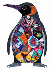 Cute Penguin with colorful patchwork geometric pattern and abstract elements on white background for clothing design, textiles, posters, paintings, souvenirs, packaging, baby products, website