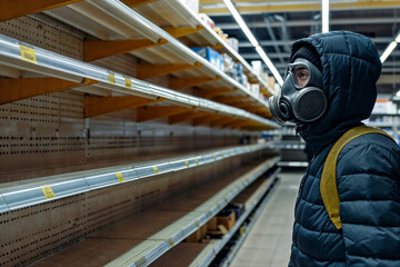 Solitary Person with Gas Mask Contemplates Empty Store Shelves. Generative AI image.