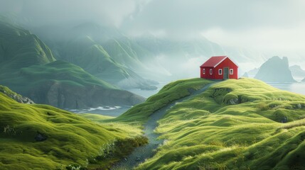 Scenic Serenity: a Red House atop Green Grassy Hills with a Winding Road