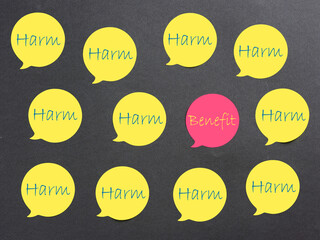 The words harm and benefit on speech bubbles. Harm and benefit analysis.