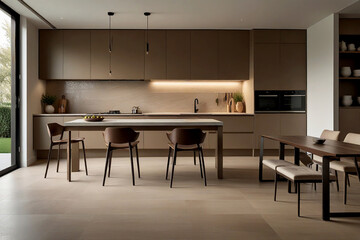 Fototapeta premium new empty modern kitchen characterized by sleek brown beige cabinetry