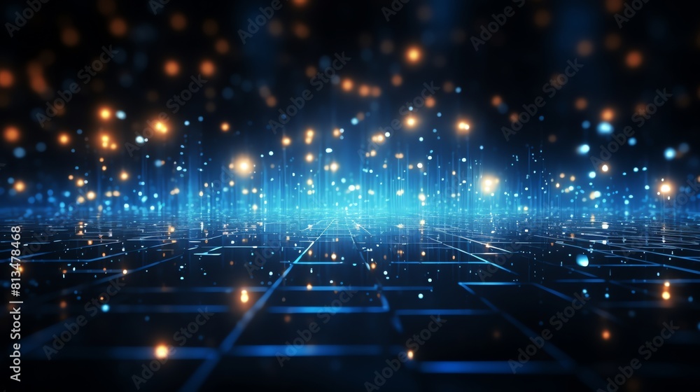 Aufkleber blue digital network, grid with glowing particles, abstract tech connection