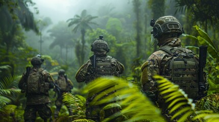 A squad of heavily equipped special forces soldiers moves stealthily through a dense tropical forest, blending with the verdant environment.