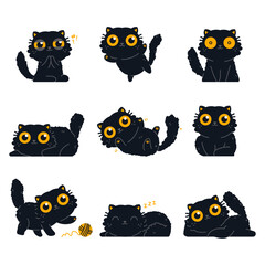Cute black cats vector cartoon characters set isolated on a white background.