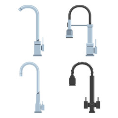 Kitchen faucets vector cartoon set isolated on a white background.