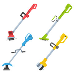 Grass string trimmers vector cartoon set isolated on a white background.
