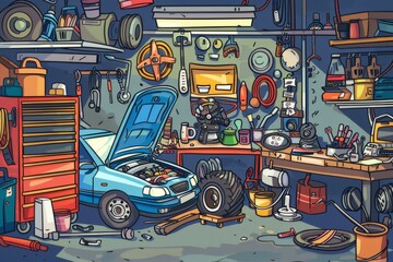 Cartoon cute doodles of a mechanic fixing a car in a bustling garage, surrounded by tools and grease as they work to get the vehicle back, Generative AI