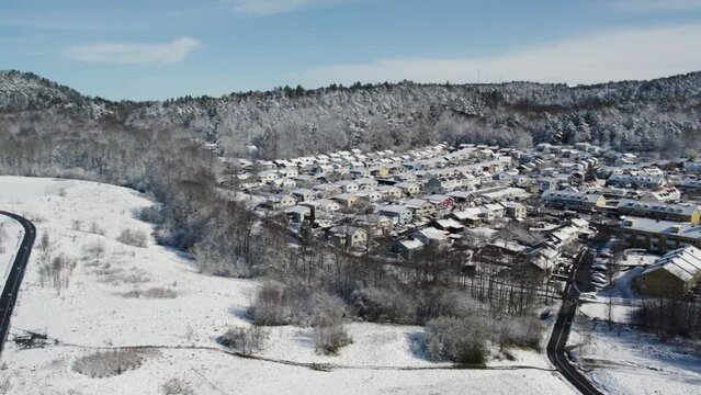 Scandinavian Villa Neighborhood Covered in Snow, WInter scene, Aerial View