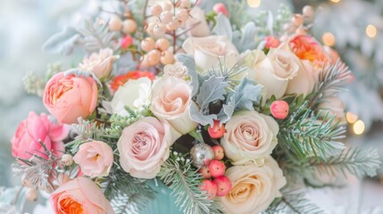 Pastel Holiday Bouquet: a festive holiday background with soft pastel shades, featuring vibrant bouquets of flowers, elegant decorations, and a touch of holiday elegance in a light and airy style. 