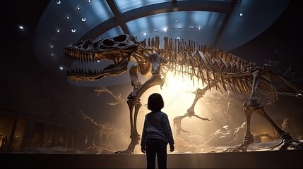 A little boy in a paleontology museum looks curiously at a large dinosaur skeleton. A child on a...