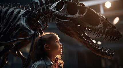 A little girl in a paleontology museum looks curiously at a large dinosaur skeleton. A child on a...